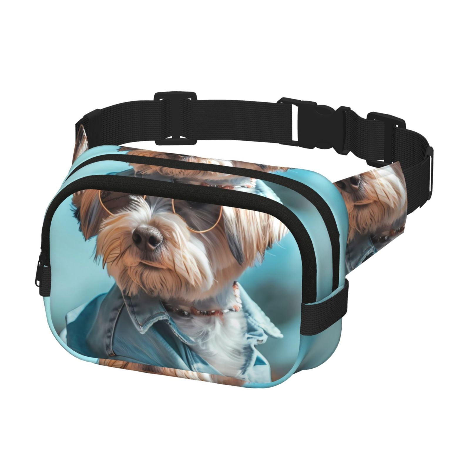 Picia Stylish Dog in Denim Outfit Print Square Double-Layer Waist Bag Mini Adjustable Waist Belt Bag Exercise Running Travel Hiking
