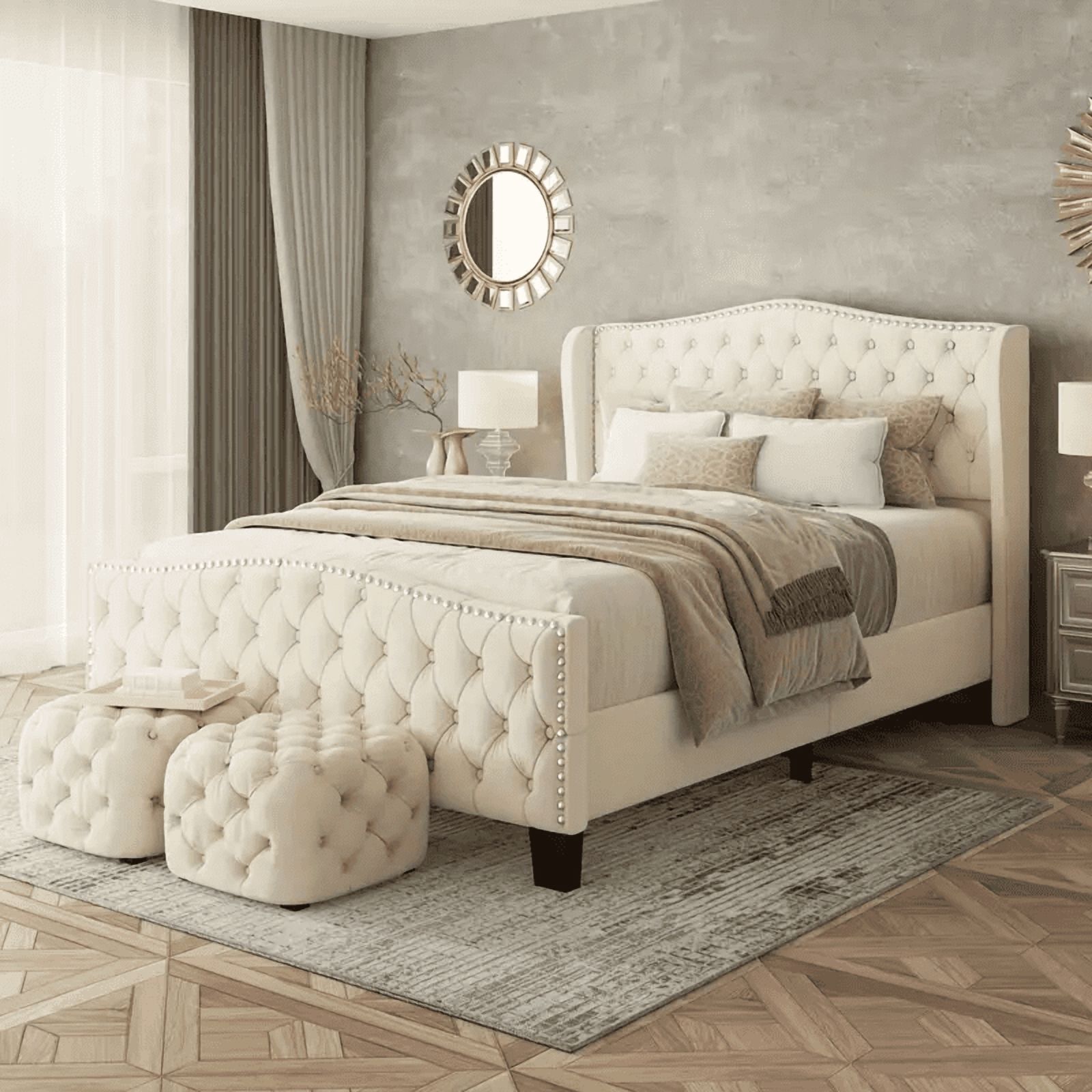VIPLOV King Size Bed Frame with 51-inch Tall Camelback Headboard & Wingback, Deep Button Tufted Footboard with Nailhead Trim, Cream