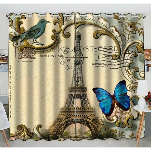 Cortina de ventana ABPHQTO Mariposa azul París Torre Eiffel tamaño 130x210 cm dos piezas Window-SL73-Two