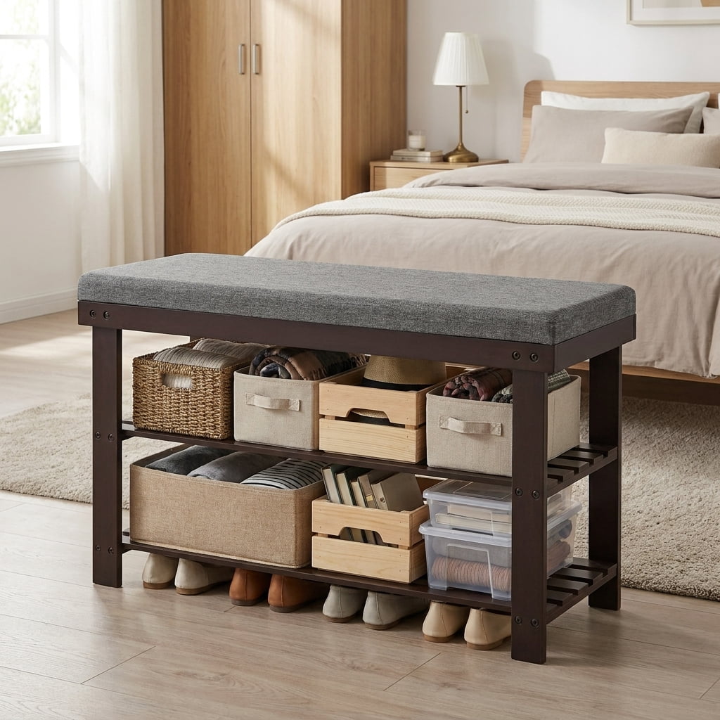 LEDREM Shoe Bench with Cushion, 3-Tier Sturdy Entryway Shoe Rack Organizer, Brown and Gray