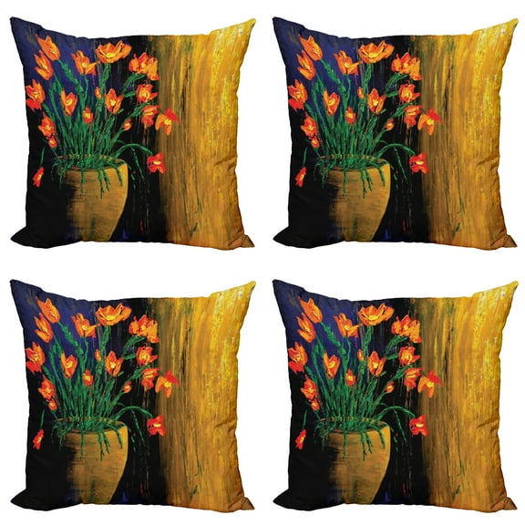 Ambesonne Flower Throw Pillow Cover 4 Pack, Botanical Vase Illustration, 18", Vermilion Blue
