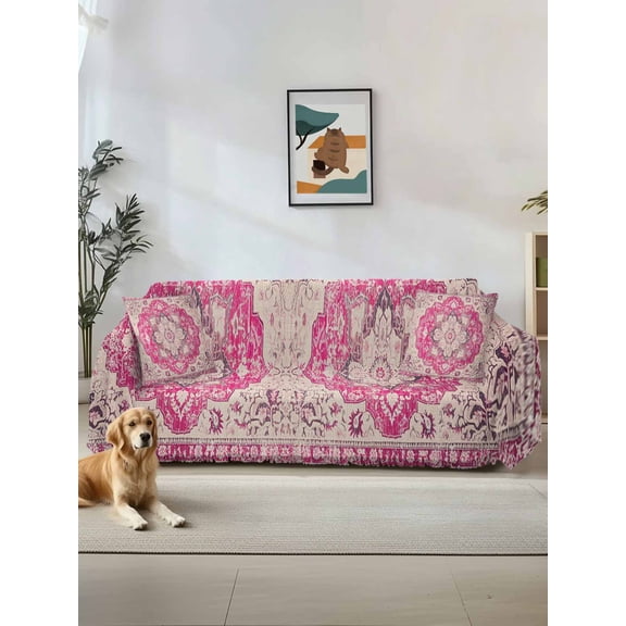 Boho Pink Sofa Covers for 2-3 Cushion Couch L-Shaped Sectional, Middle Century Boho Geometric Abstract Southwestern Washable Sofa Covers Slipcover for Living Room, Couch Cover Blanket 71"x134"
