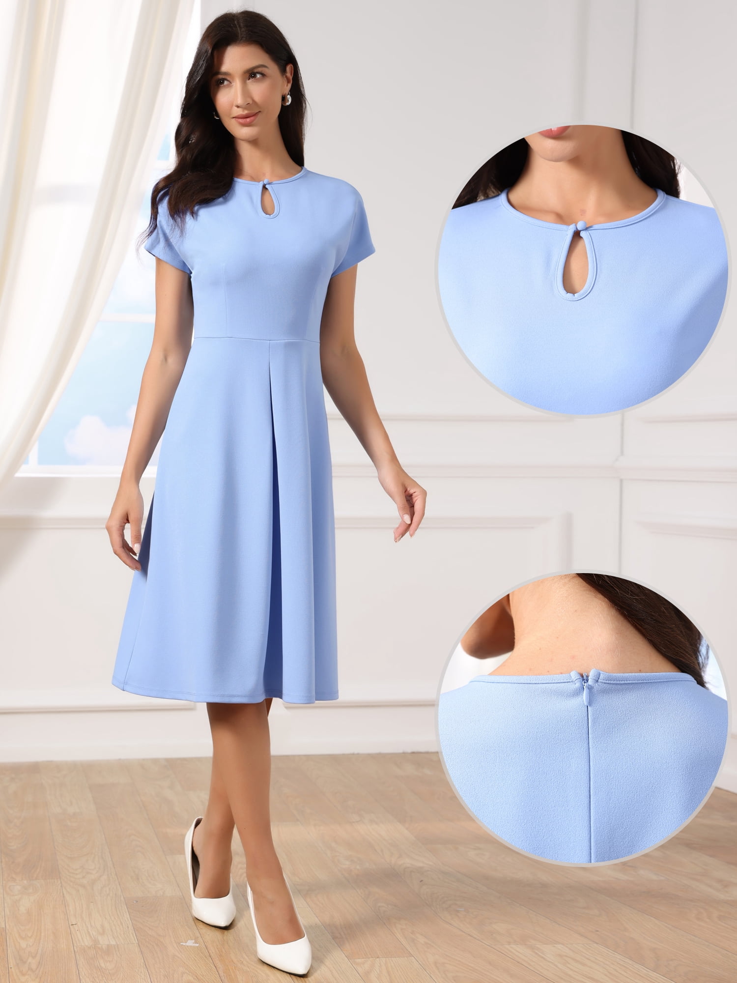 DARING DIVA Women's A Line Short Sleeve Dressy Midi Casual Dresses L Light Blue