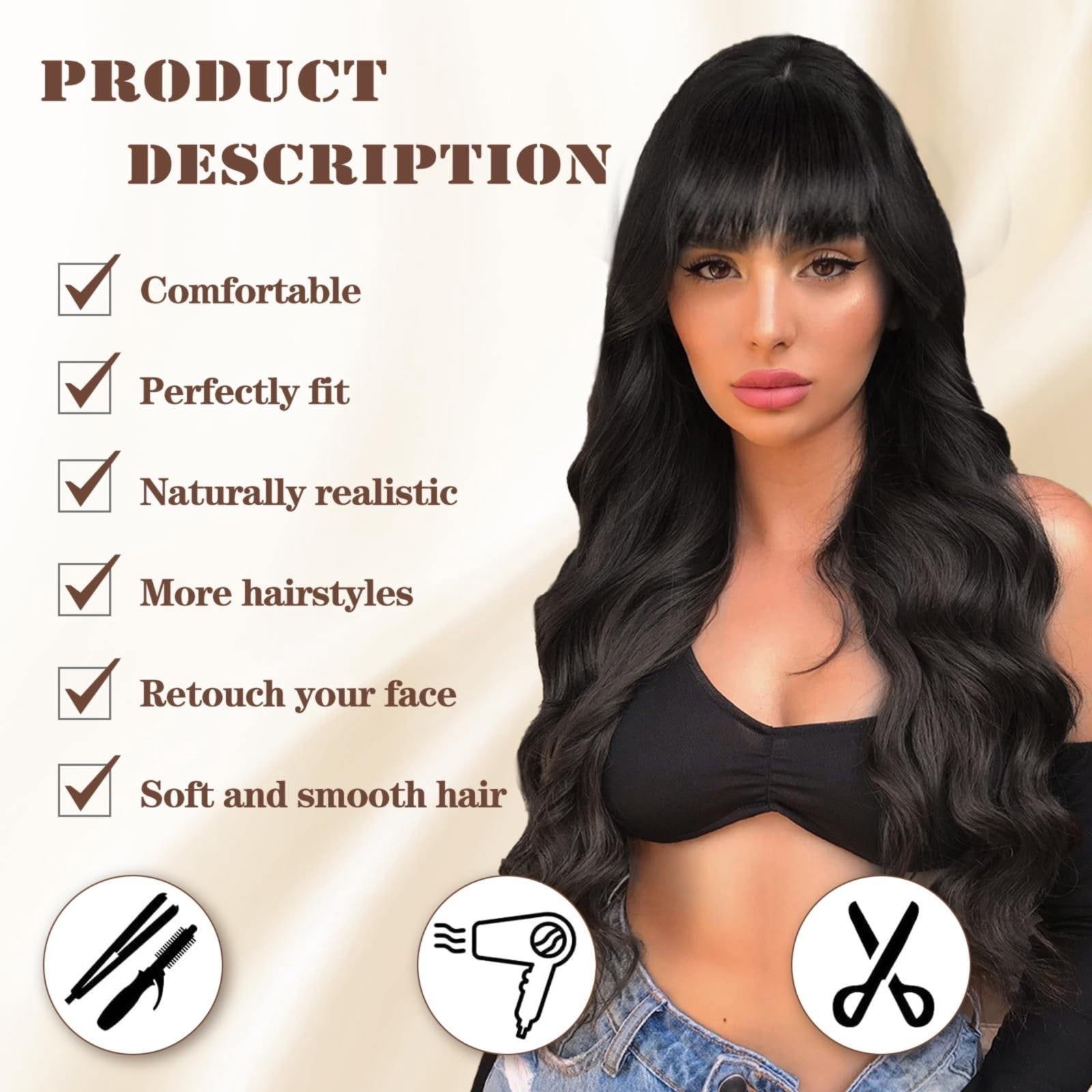 WEIWEIGG Gradient Black Long Wavy Curly Wig with Bangs - 26 Inch, Dark Roots Wig for Women, Heat Resistant Synthetic Hair, Breathable, Lightweight, Natural Looking Adjustable Cap for Daily Wear