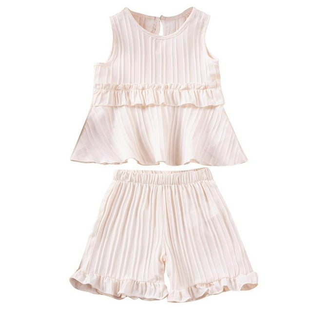 Toddler Girl Summer Clothes Baby Solid Outfit Sets Ruffle Tank Top Shirts + Ruffled Short Set