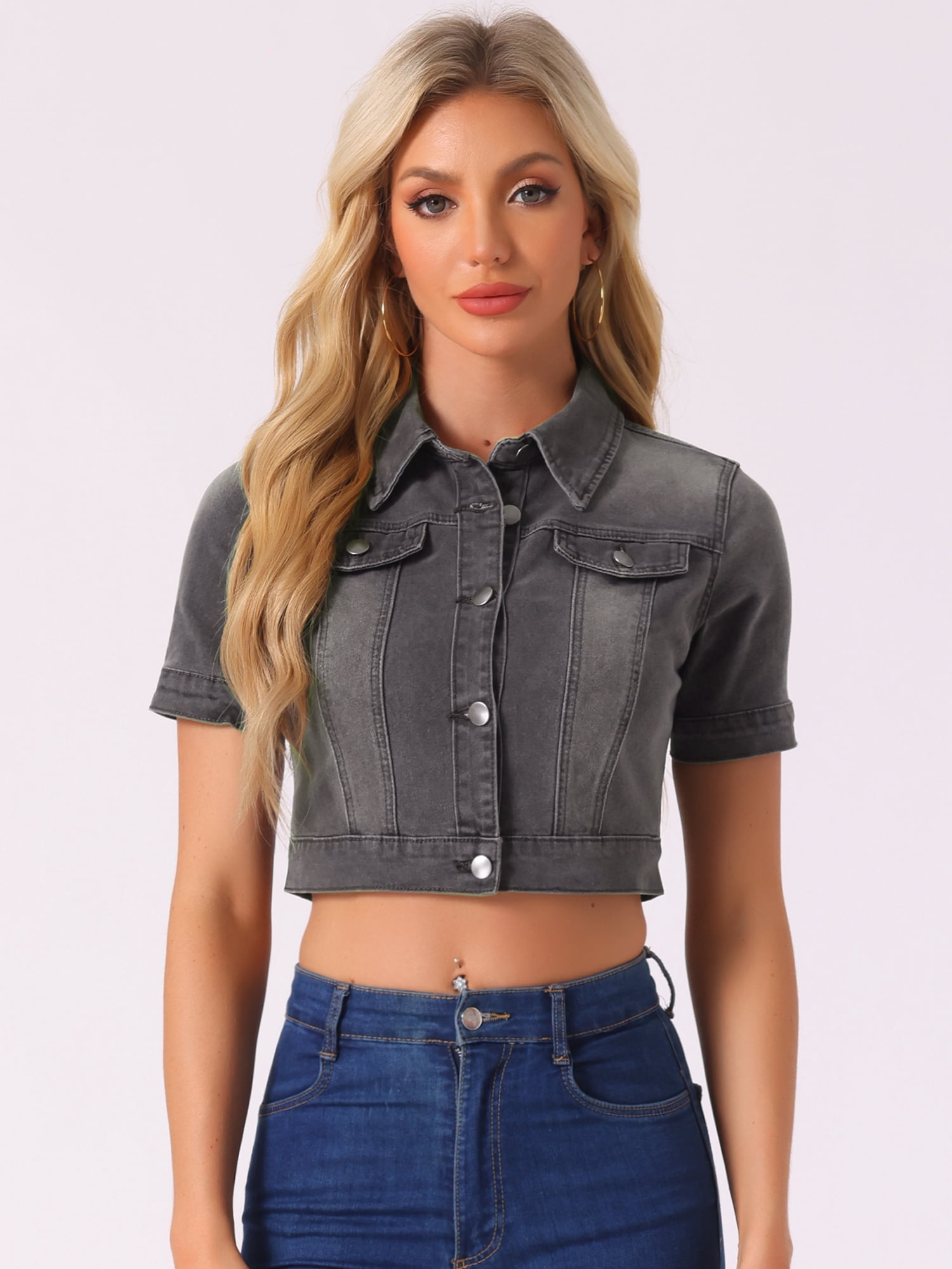 DARING DIVA Women's Short Sleeves Crop Button Down Denim Jacket L Dark Gray
