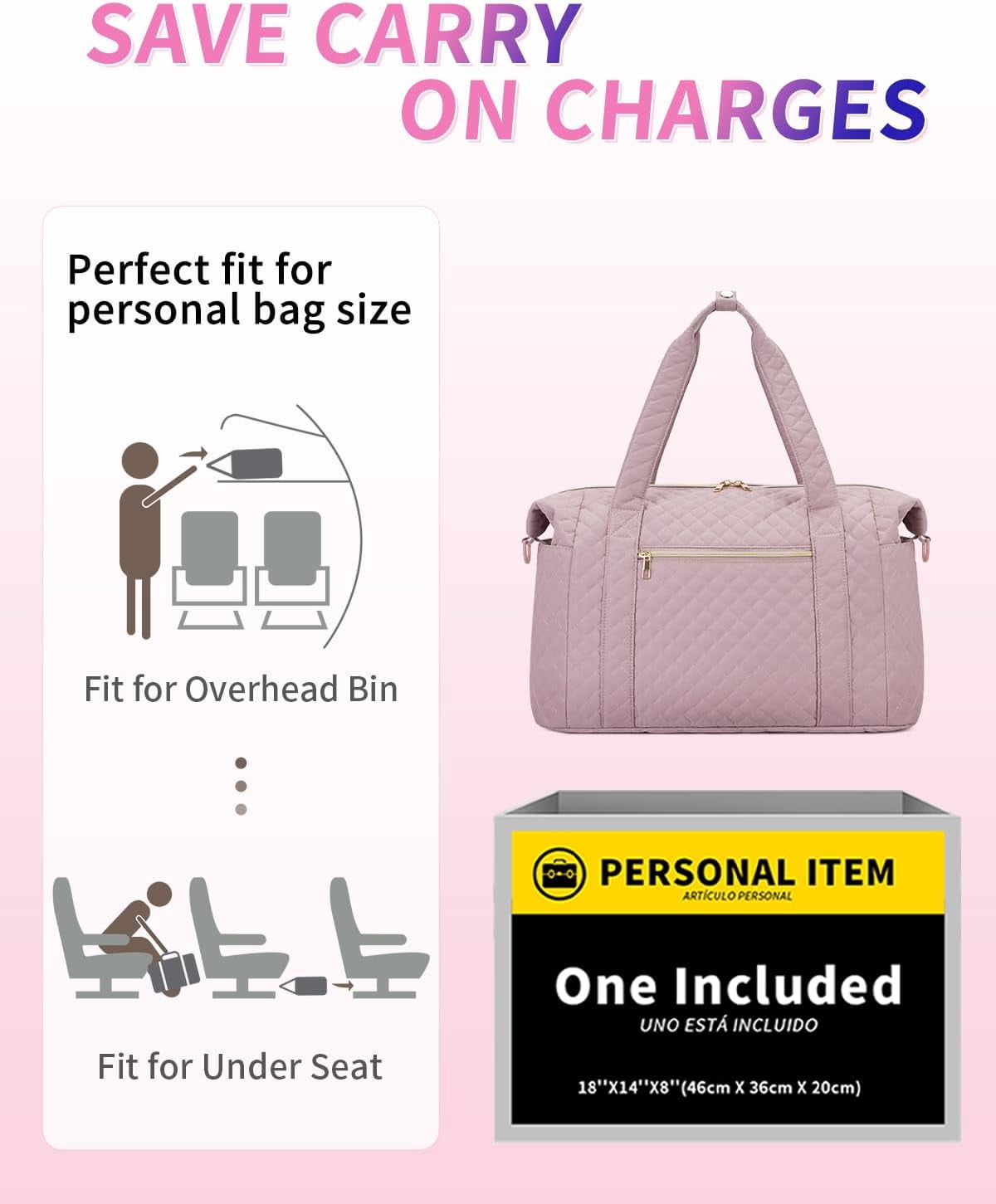 WANDF Travel Duffel Bags with Shoe Bag,Airline Approved Personal Item Bag for Women with Wet Pocket,Trolley Sleeve,Quilted Overnight Weekender Bag for Camping Gym Beach(Pink Bag)