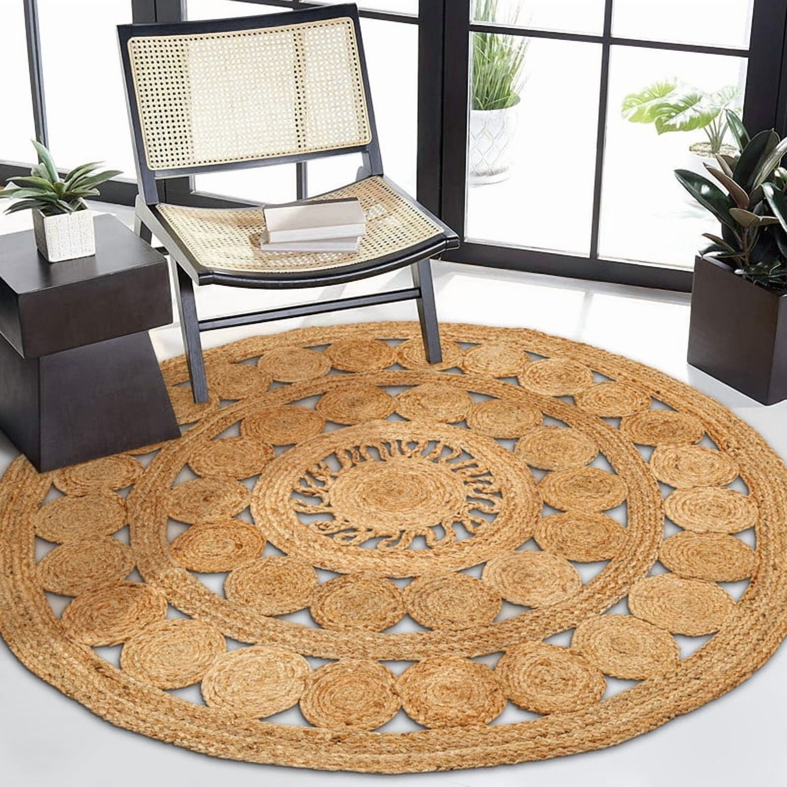 Boho Farmhouse Jute Circle Rug, Reversible Rustic Coastal Area Mat Natural Jute 7A, 2 FT