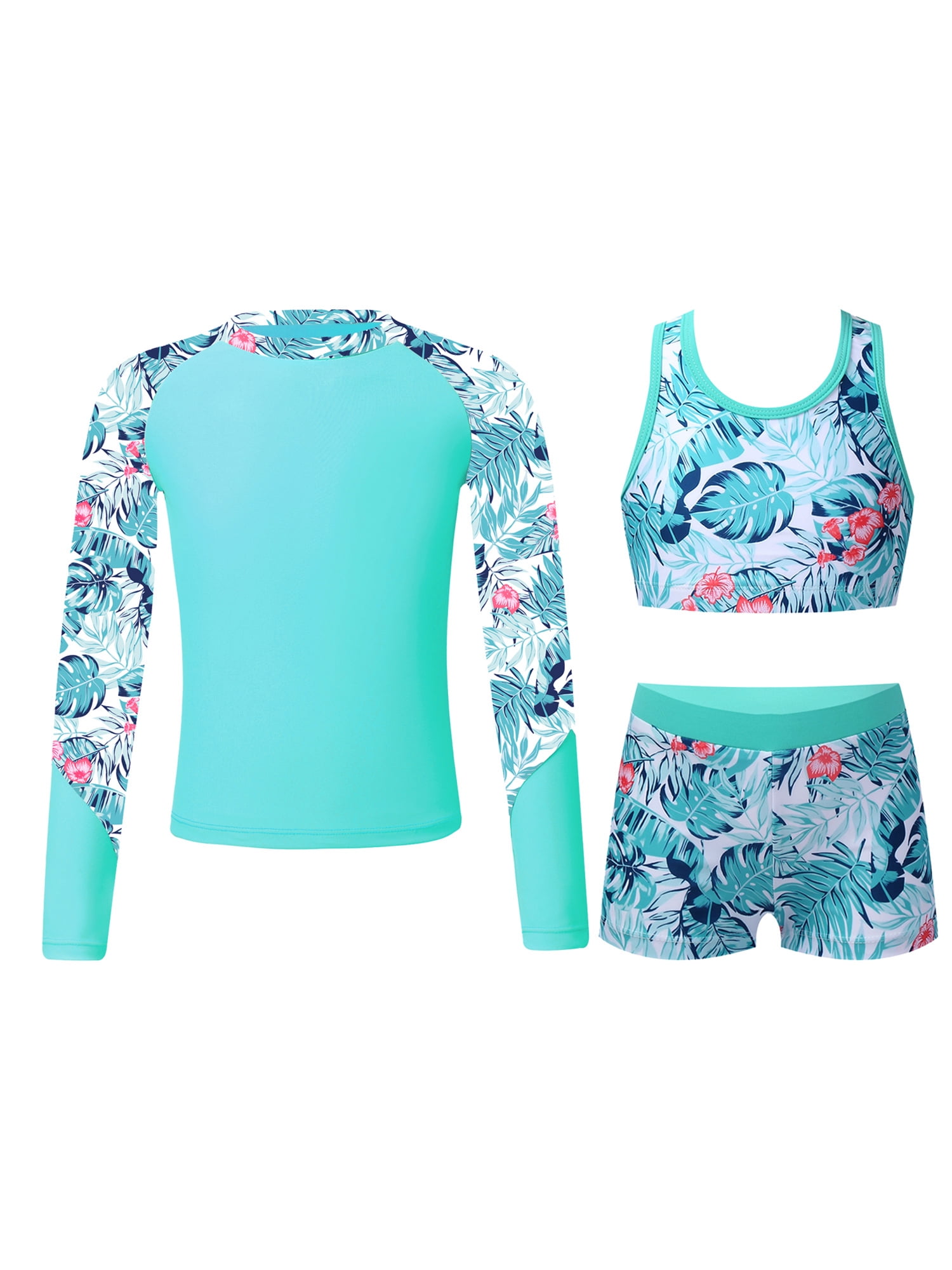 YiZYiF Girls 3Pcs Printed Swimming Set Long Sleeve Tops Rash Guard with Strappy Back Crop Top