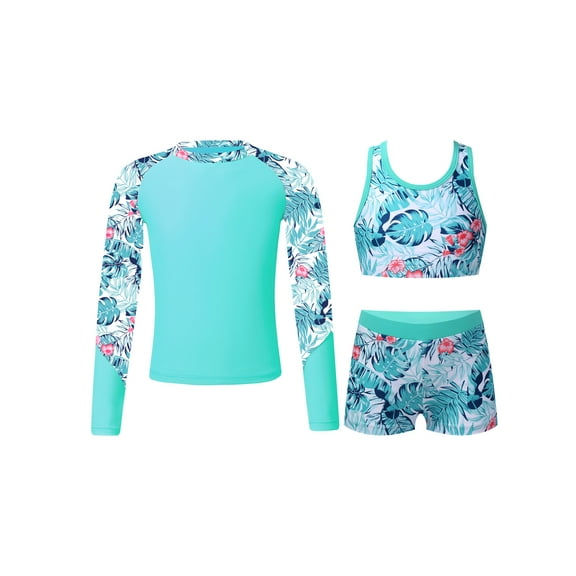 TiaoBug Kids Girls Printed Swimsuit 3Pcs Sets Long Sleeve Pullover Shirt with Strappy Back Crop Top Shorts Beach Pool Swimwear Leaf 8
