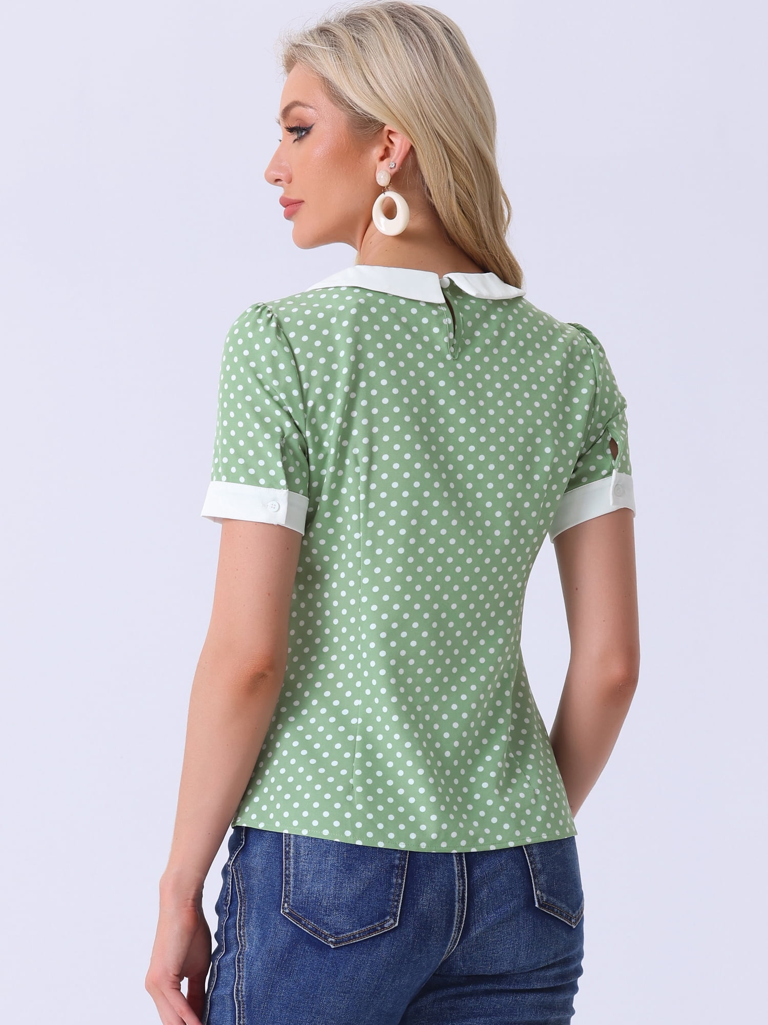 DARING DIVA Women's Peter Pan Collar Polka Dots Short Sleeve Tops XS Dusty Green