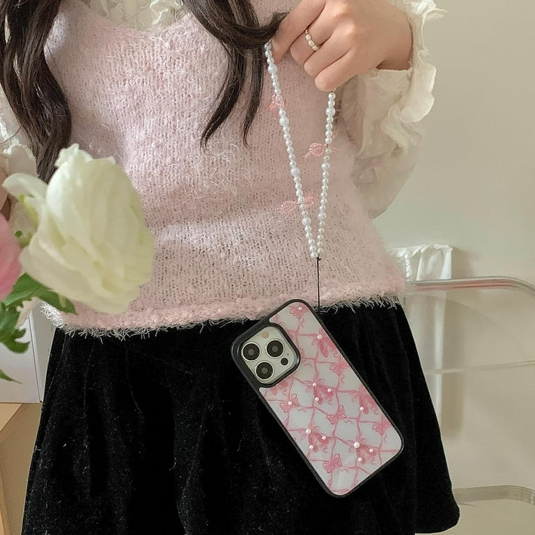 iPhone15ケース(Baby pink)&ベルリボンショルダーチェーン Pink Bow Ribbon Phone Case for iPhone 15 Pro Max with Pearl Beade
