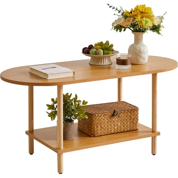 Oval Coffee Table White, Small Wooden Coffee Table for Small Space, Tea Table Stand 35 * 16 * 17 inches, 2 Tier Center Table for Living Room White YD-012W