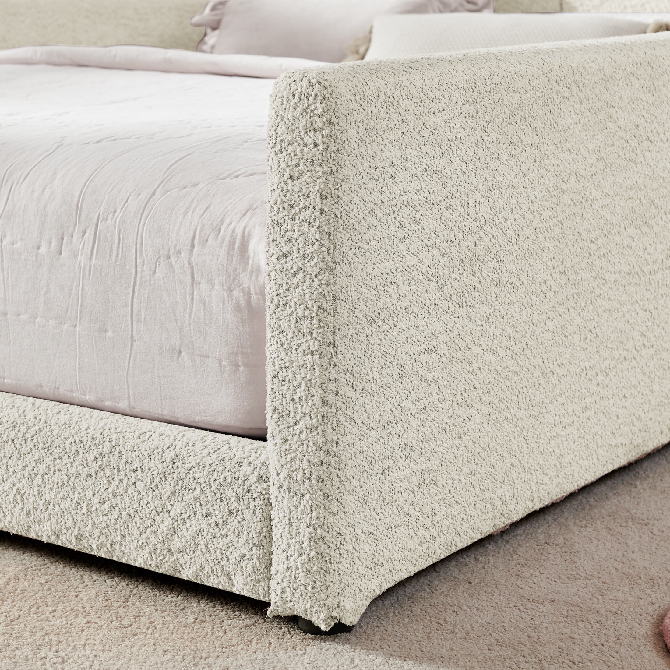Noble House Ciara Full Boucle Upholstered Platform Bed, Cute Rabbit Ear Headboard Bed with Safety Guardrail, Beige