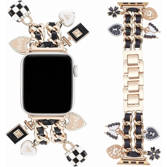 Gold Metal Watch Bands for Women Compatible with Watch Bands 38mm 40mm 41mm 42mm 44mm 45mm Pretty Chain Strap with Pendants Accessories Charms Wristband for iWatch Band Series Colorful DIY
