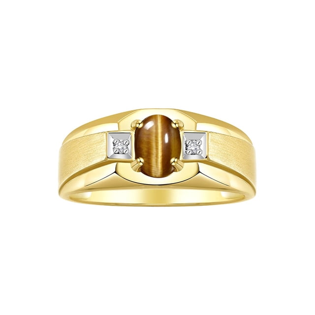 RYLOS Men's Rings 14K Yellow Gold Classic 7X5MM Oval Gemstone & Diamond Ring Tiger Eye November Birthstone Rings For Men, Gold Rings Size 12