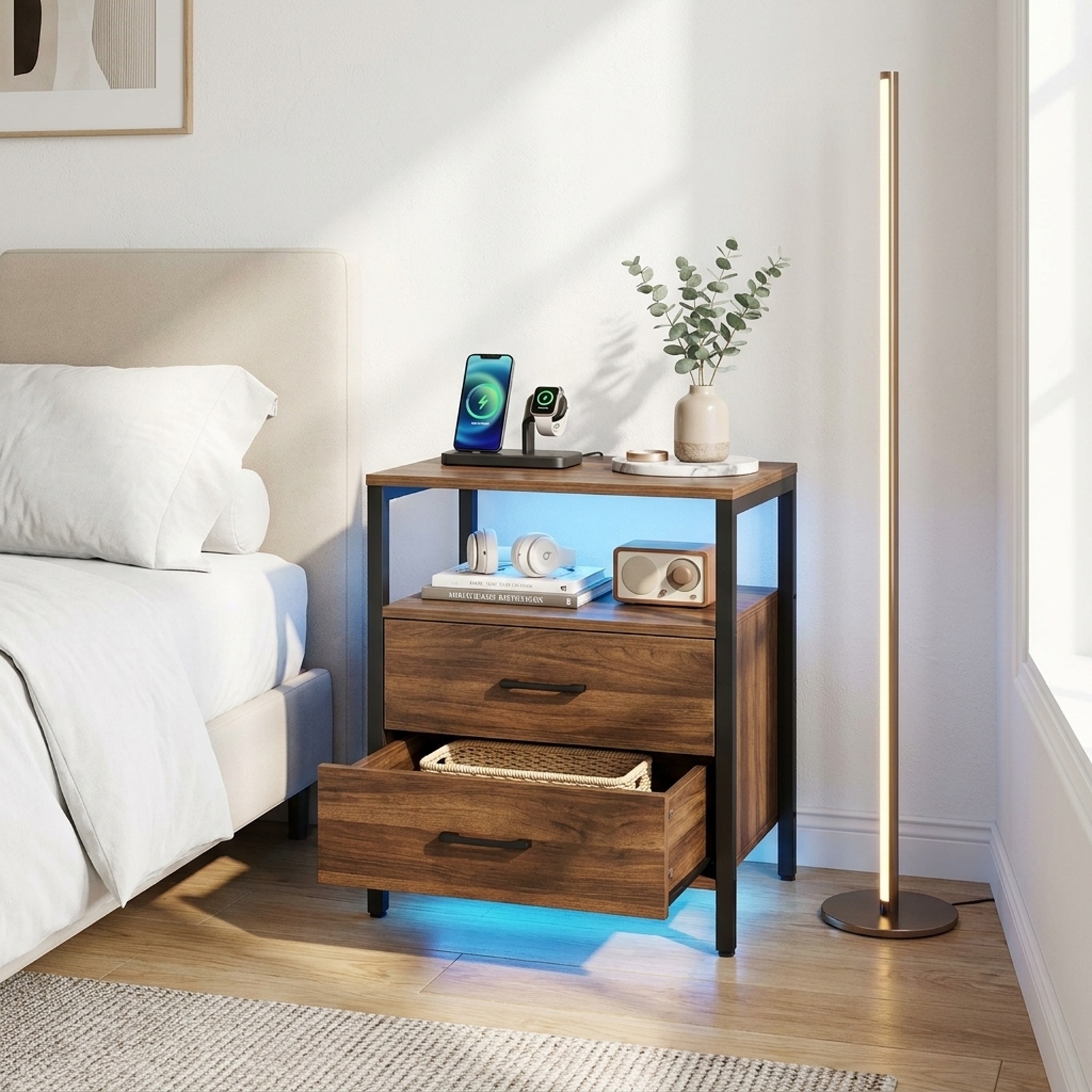 Furnibear End Table Nightstand with Charging Station and 2 Folding Fabric Drawers