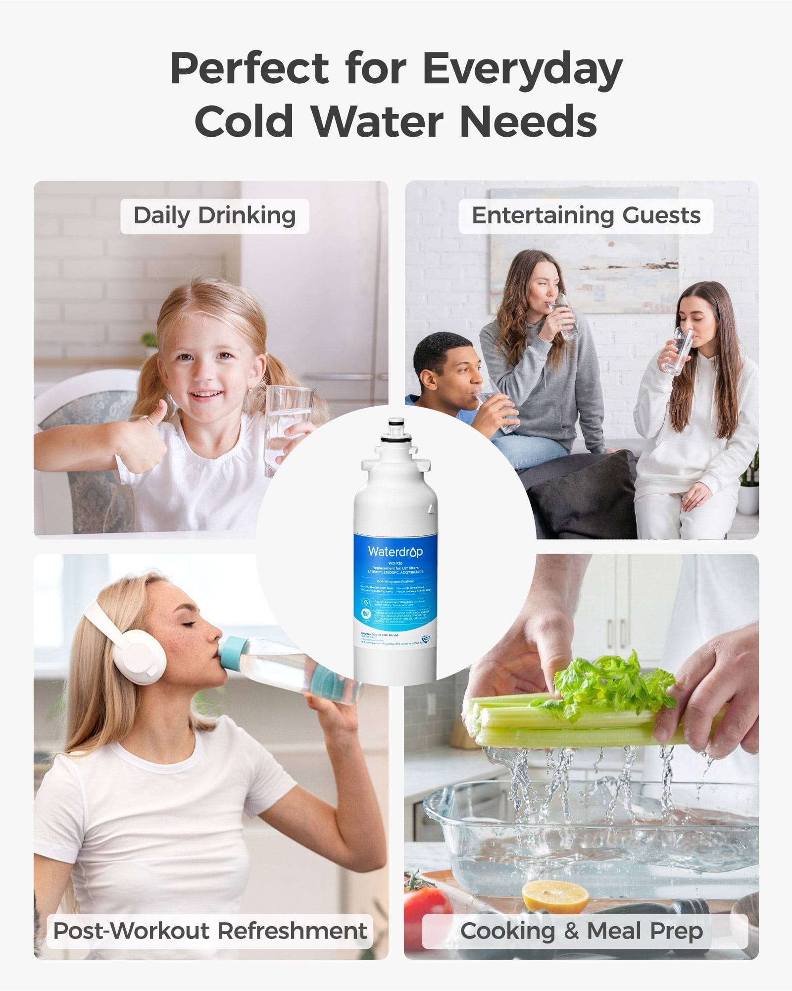 Waterdrop ADQ73613401 Refrigerator Water Filter, Replacement for LG® LT800P®, ADQ73613408, ADQ75795104, ADQ73613402, Kenmore 9490, 46-9490, LSXS26326S, LMXC23746S, LSXS26366S, WD-F20, Pack of 6