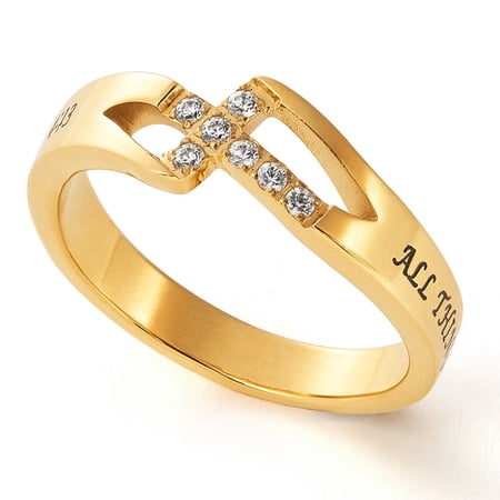 Gold Tone PHILIPPIANS 4:13 Cross Ring, Stainless Steel with CZ Stones