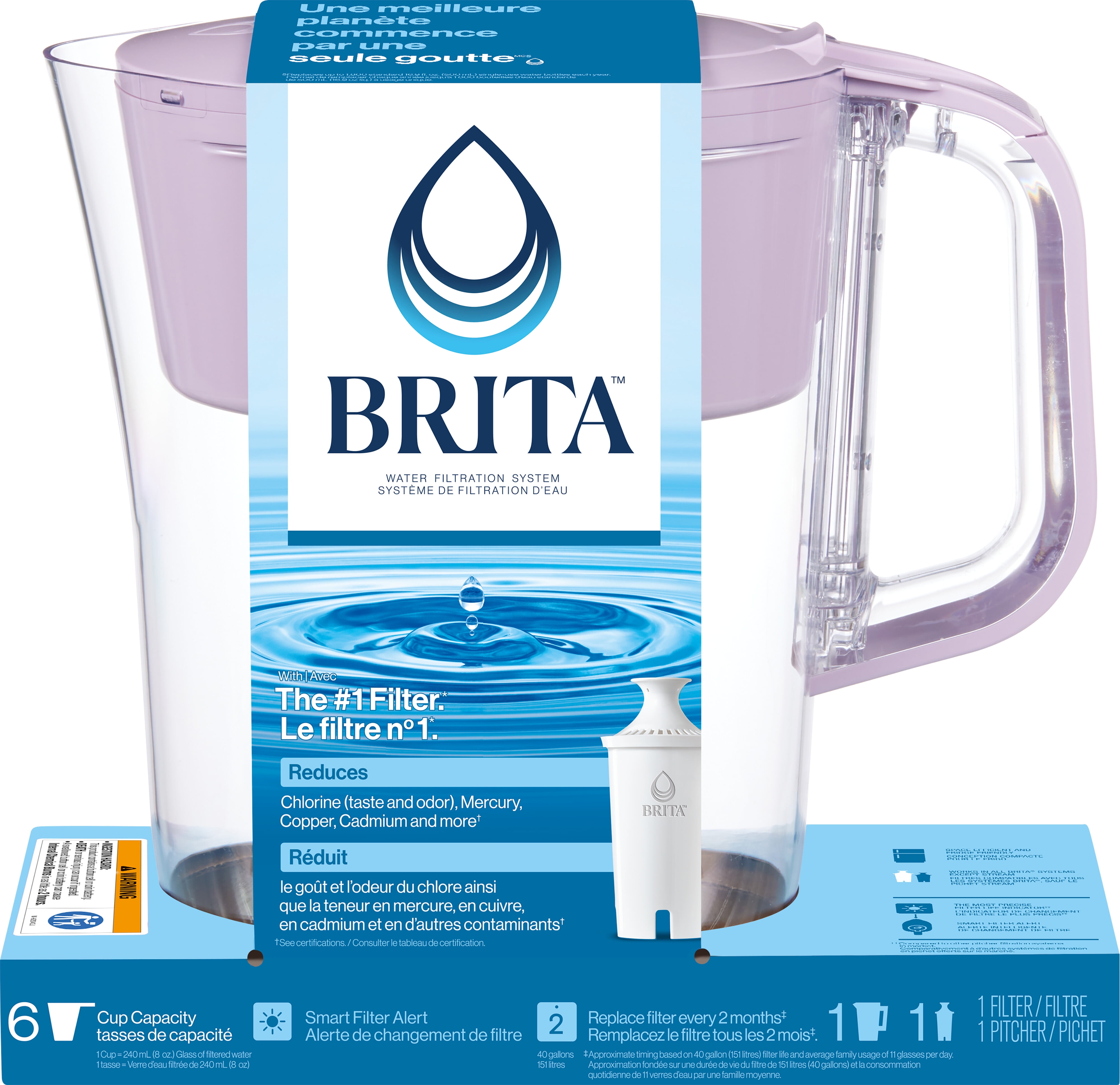 Petit pichet de filtration d’eau Denali de Brita® d’une capacité de 6 tasses avec 1 filtre Brita® standard, sans BPA, lilas vaporeux