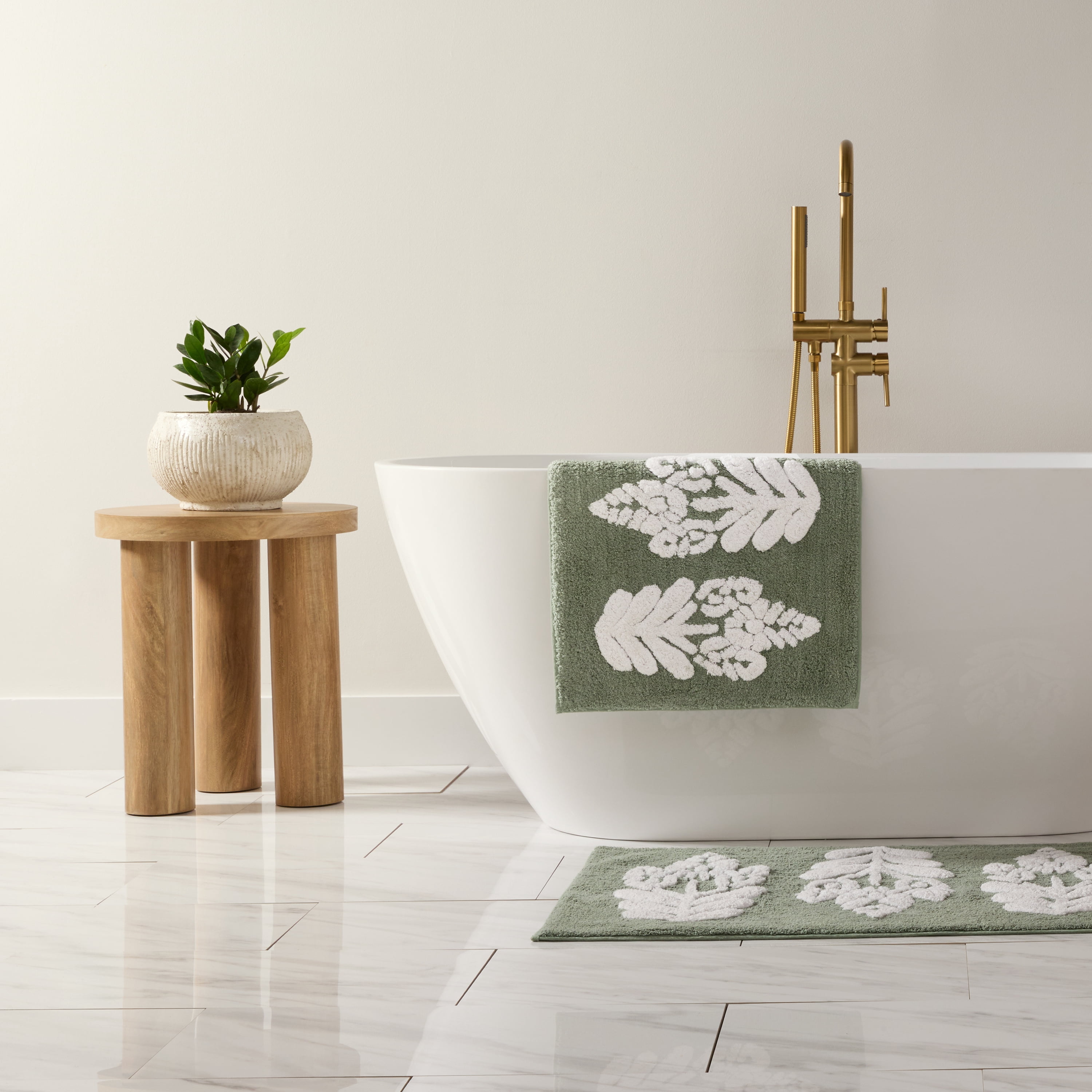 Noble Linens Floral Pattern Cotton Bath Mat, 34 in x 21 in, Folk Leaves Sage