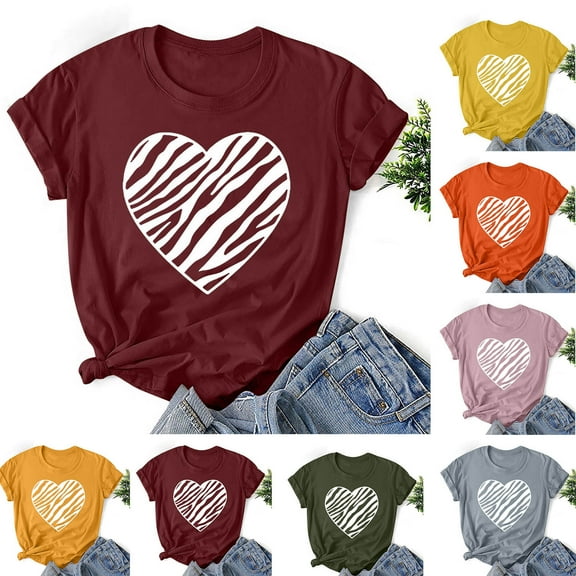 Fesfesfes Shirt for Women Fashion Women Valentine's Day Print Short Sleeve T-shirt Novelty Graphic Tops Tee L(US:8)