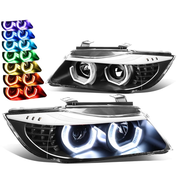DNA Motoring HL-3D-E9005-BK-7C For 2005 to 2008 BMW E90 3-Series 3D LED Halo Projector RGB Color Change Headlight Black Housing Headlamp 06 07 06 07 Sedan 325I 330I