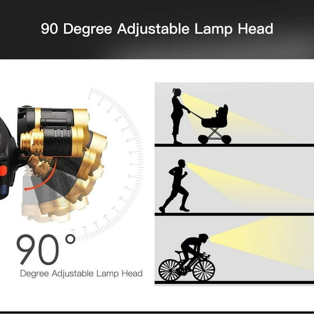 Lampe frontale étanche 10000 lumens 3 LED XML T6 Lampe frontale puissante  LED, lampe frontale rechargeable pour camping, randonnée, extérieur (doré)  