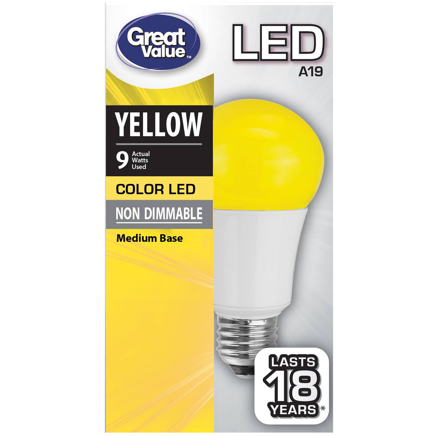 Great Value LED Light Bulb, 9W Yellow, A19
