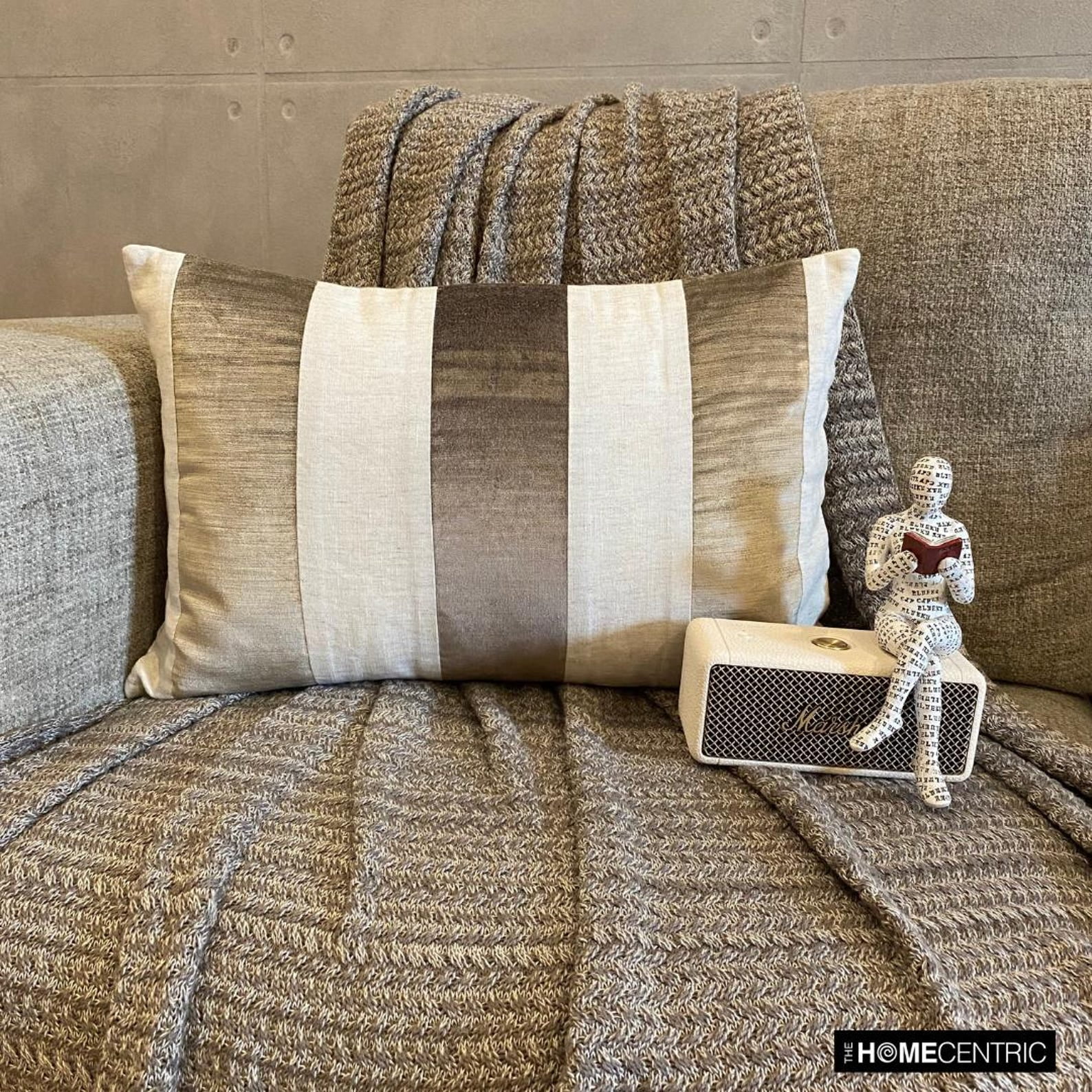 The HomeCentric Decorative Beige Pack of 2, 12"x14" (30x35 cm) Lumbar Pillow Cover, Velvet & Linen Patchwork Oblong Pillow, Striped Pattern Modern Style - Swathe Beige