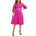 thumbnail image 2 of INSPIRE CHIC Women's Dress Floral Lace Sheer Mesh 3/4 Sleeves Belted Panel A-Line Pleated Dresses M Hot Pink, 2 of 6
