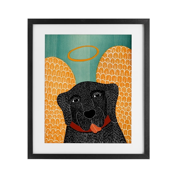 Dog Angel with Yellow Wings Black Framed Print Under Glass, design by Stephen Huneck