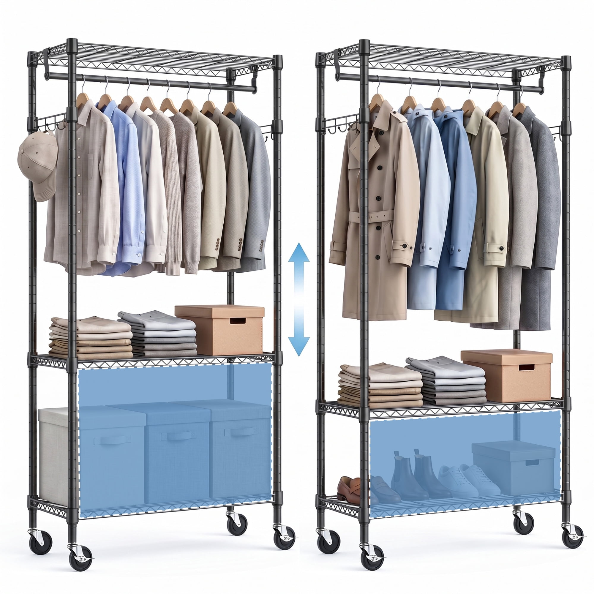 Leumius Heavy Duty Rolling Garment Rack, 3 Tiers Adjustable Wire Shelving Clothes Rack with Rods and Side Hooks,Storage Closet Clothing Rack with Wheels for Laundry Room Bedroom Cloakroom Black
