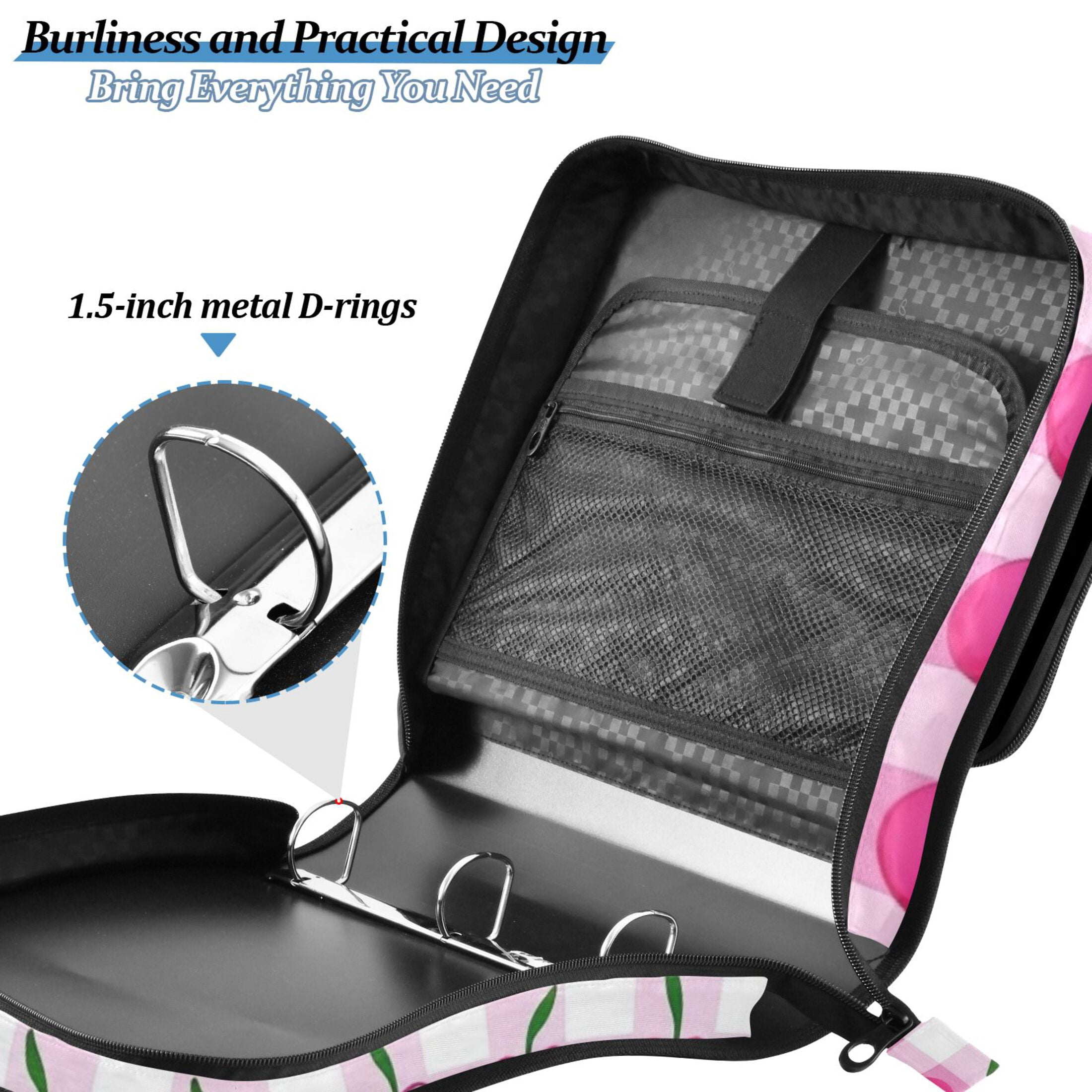 3 Ring Zipper Binder with Shoulder Strap Waterproof Trapper Keeper 2 Inch D-Ring 500 Sheets Capacity Cherry with Gingham