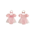 thumbnail image 2 of BemeyourBBs Infant Baby Girl First Birthday Outfit 1st Years Old Birthday Summer Clothes Letter Embroidery Bow Print Short Sleeve Smocked Romper Dress Bow Headband Set, 2 of 8