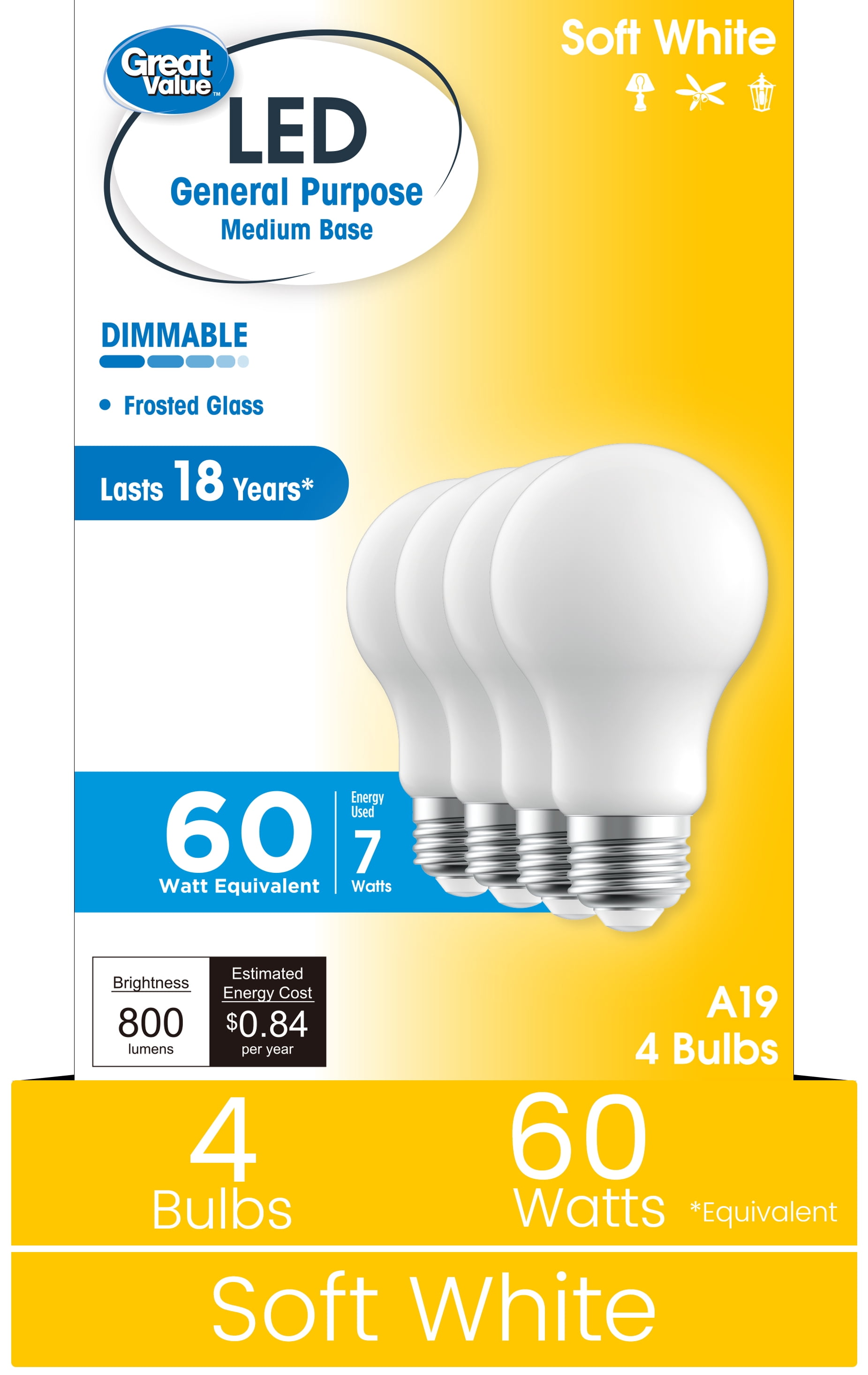 (4 pack) Great Value A19 LED 7W (60W Equivalent) Soft White E26 Medium Base Light Bulbs, Dimmable, 4 Pack