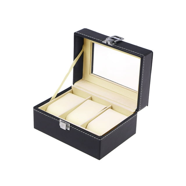 Grande Boîte à Montres Noire avec 3 Compartiments en Cuir PU pour Rangement et Exposition Sécurisés