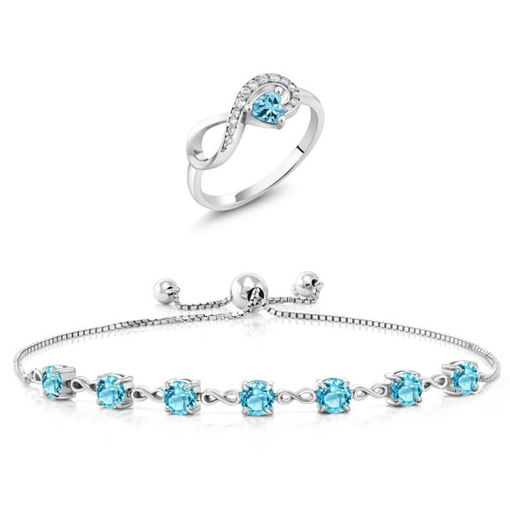 Gem Stone King 925 Sterling Silver Swiss Blue Topaz Ring and Bracelet Jewelry Set for Women | 4.00 Cttw | Gemstone November Birthstone | Heart Shape 4MM | Round 4.5MM | Size 8