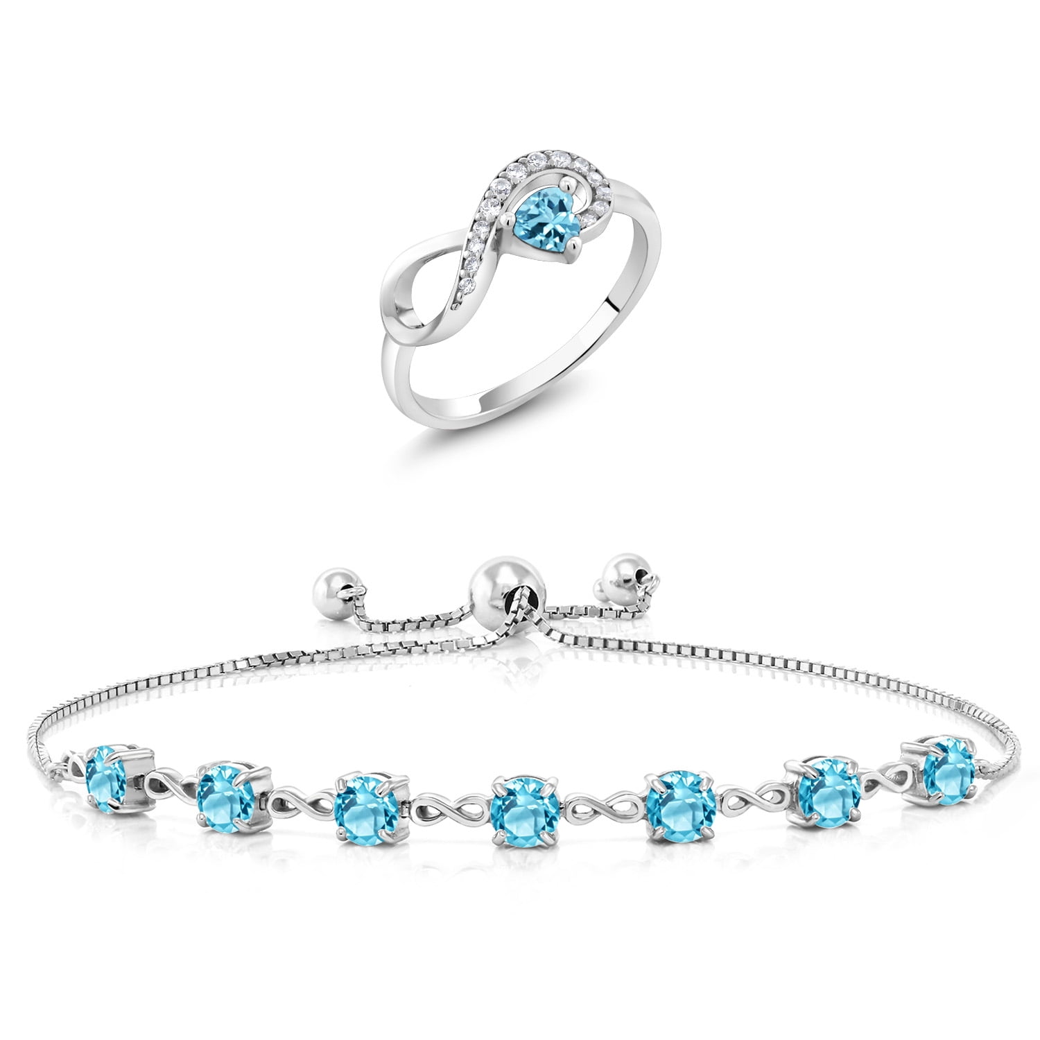 Gem Stone King 925 Sterling Silver Swiss Blue Topaz Ring and Bracelet Jewelry Set for Women | 4.00 Cttw | Gemstone November Birthstone | Heart Shape 4MM | Round 4.5MM | Size 8