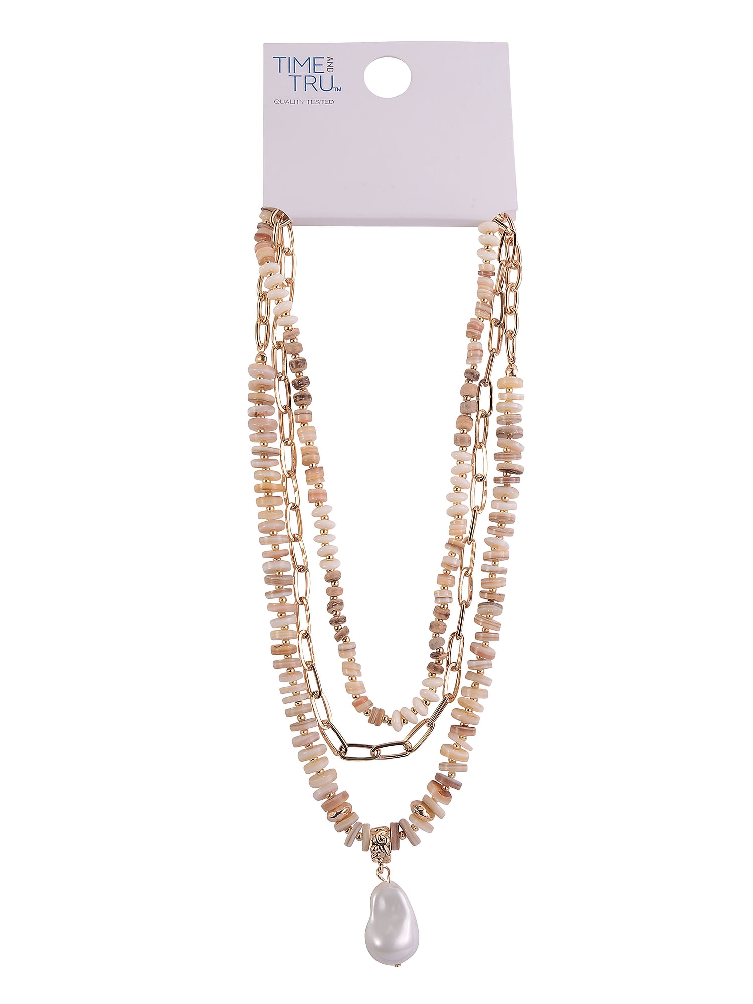 Time and Tru Adult Female Gold-Tone Metal Heishi Shell Beads, Oval Cable Chain, and Acrylic Beads and Pearl 3 Row Necklace