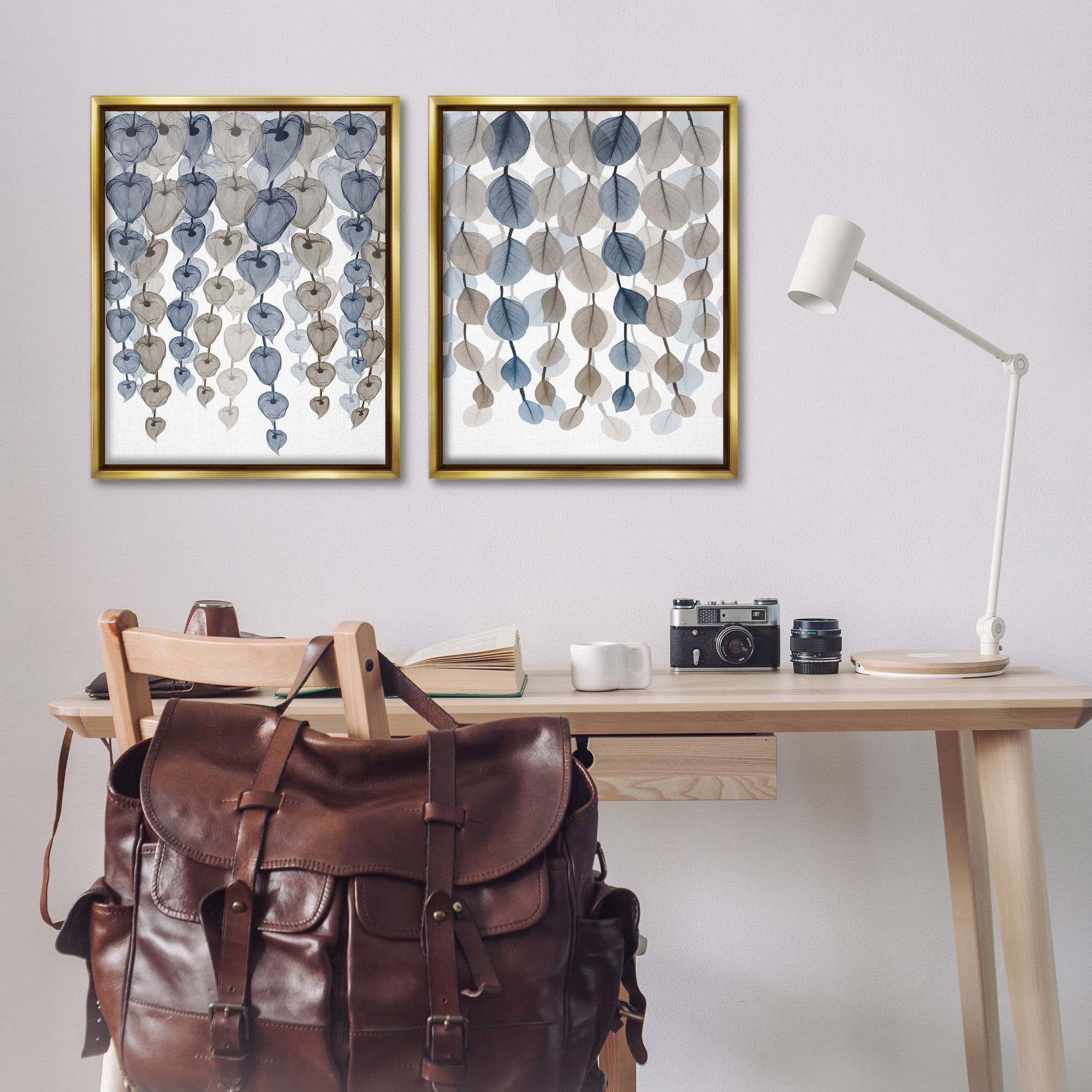 Stupell Industries Falling Vines Neutral Leaves Abstract Painting Gold Floater Framed Canvas Art Print Wall Art, 25 x 31, Set of 2