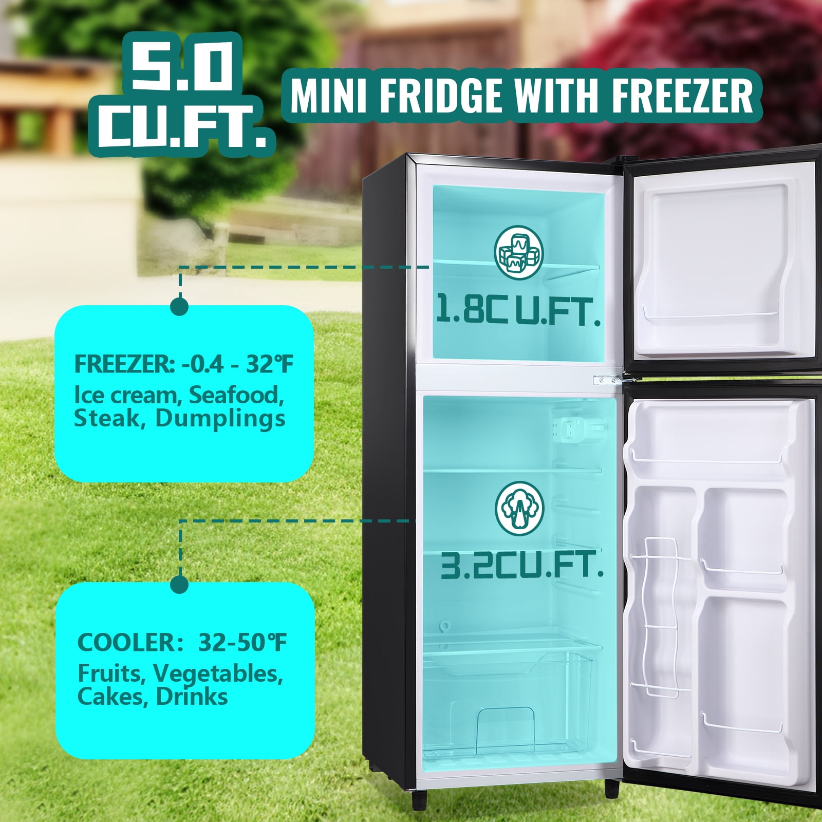 JIEJIA 5.0 Cu.Ft Apartment Size Refrigerators with Separate Freezer, 2 Door Refrigerator, Small Fridge with Freezer, Black