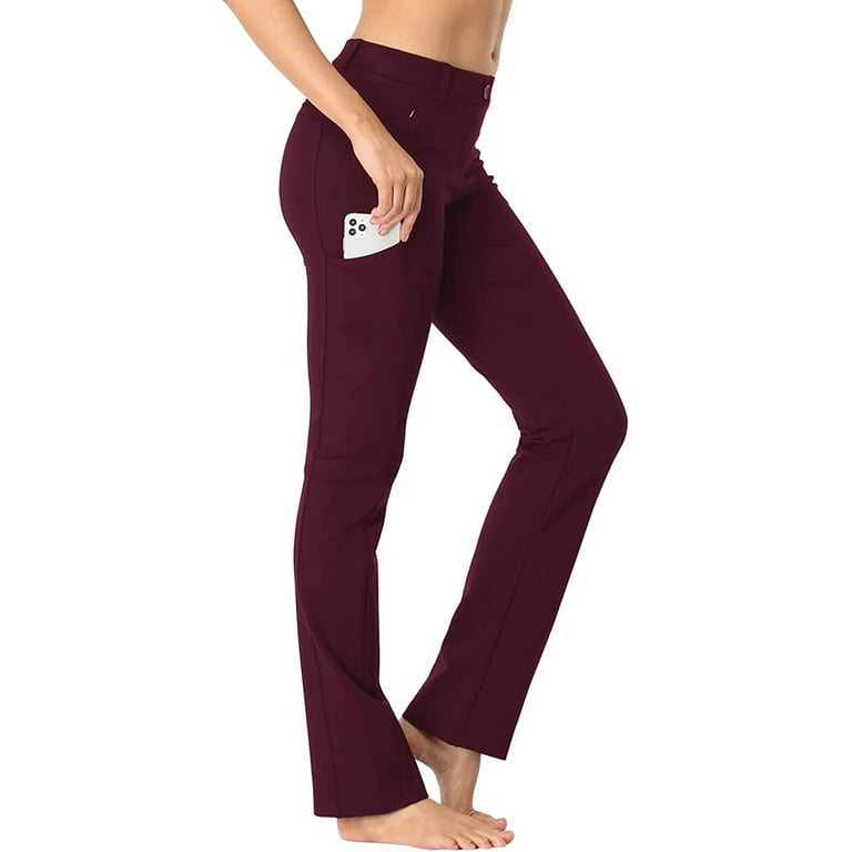 HDE Yoga Dress Pants for Women Straight Leg Pull On Pants with 8 Pockets  Burgundy - S Long