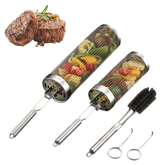 Sunjoy Tech Rolling Grill Basket Stainless Steel Round Mesh Barbecue Accessories Cylinder Picnic Cooking Camping Veggies Meat Fish BBQ Cage with Cleaning Brush Hook