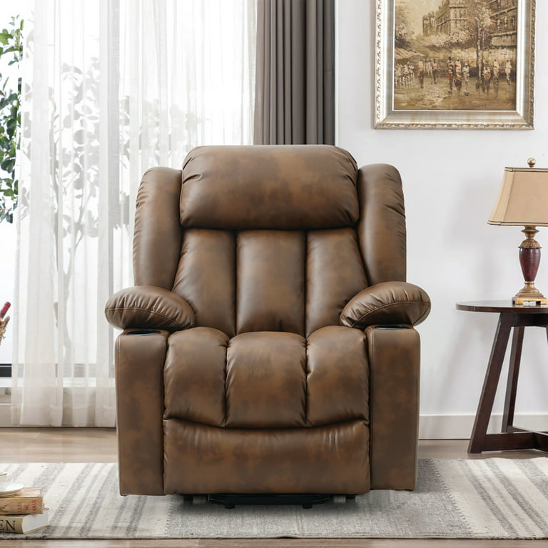 Genuine Leather Dual Okin Motor Lift Chairs Recliners for Elderly Wide Seat Living Room Sofa Latitude Run Body Fabric: Brown