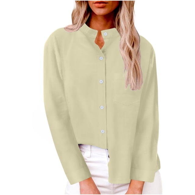 Timegard Button down Shirts for Women Stand Neck Long Sleeve Side Split Work Casual Loose Tops Fall