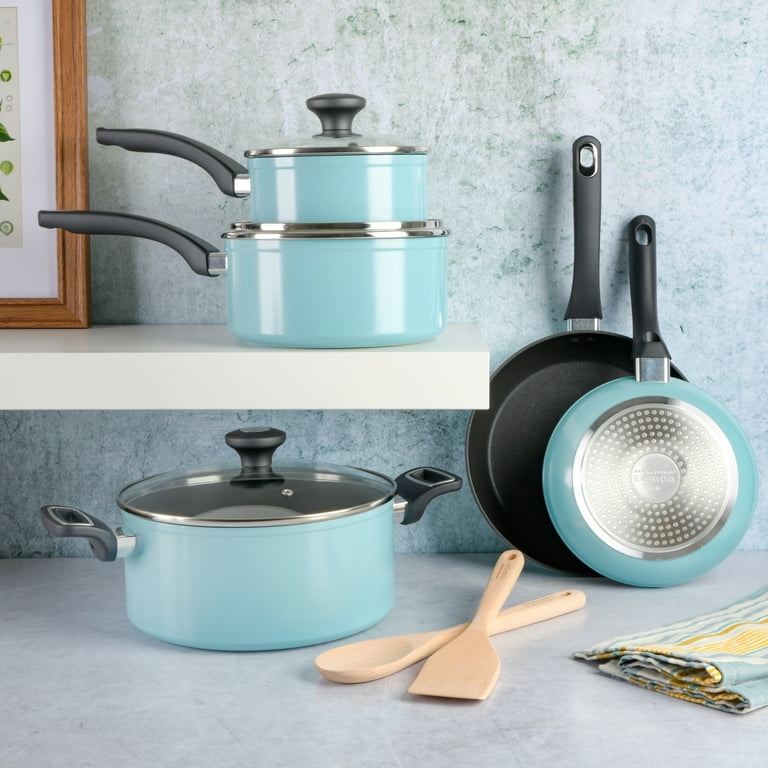 Martha Stewart Everyday Hearne 10-Piece Dusty Blue Enamel Aluminum Cookware  Set Pots and Pans Set