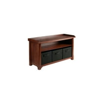 Storage Bench with Fabric Baskets - Walnut Finish Seat Shelf - Entryway & Family Room Organizer