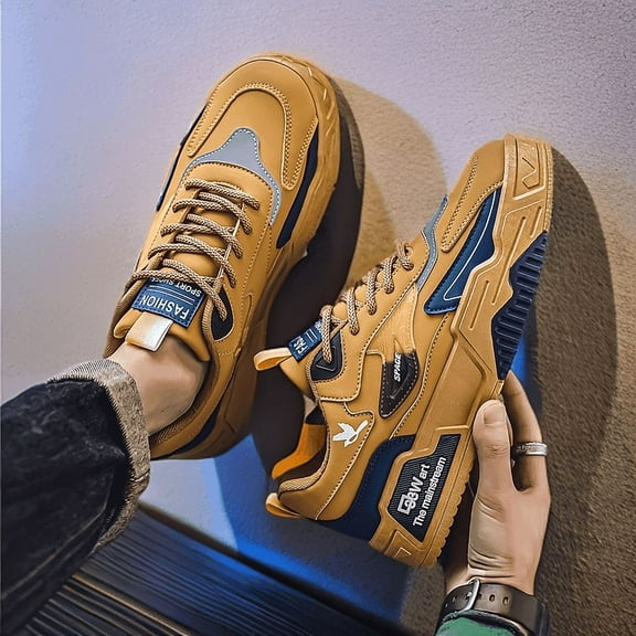 CORASUN Men's Fashion Color Block Dad Shoes, Waterproof PU Casual Sneakers, Lace-Up Chunky Platform, Anti-Slip Retro Walking Shoe