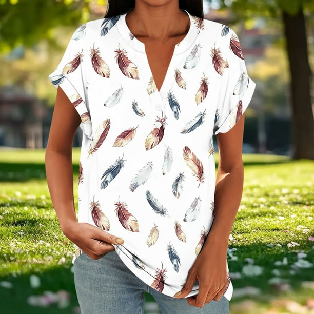 Xuyuer Vintage Style Raglan Sleeve Button Top - Women's Fashion Casual Printed V-Neck Loose Sleeve Blouse for Weekend Outings, Retro Inspired Spring Summer Fashion & Boho Chic Wardrobe Staple